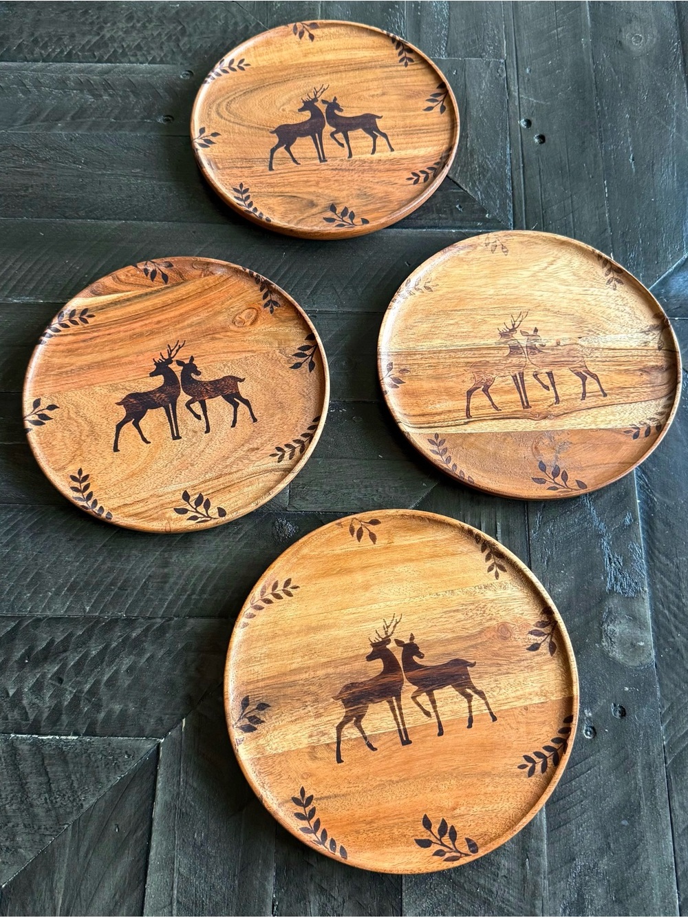 IREKA Homes Wild Grove 4 Handcrafted Acacia Wood Deer Design Serving Plates Rare